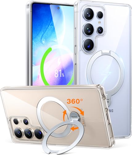 Image of TORRAS 360 Spin Magnetic Stand for Samsung Galaxy S25 Ultra Case, Fit for Magsafe, Military Grade Slim Hard PC Protective S25 Ultra Clear Case with Kickstand & Ring Holder, Ostand Spin, Clear