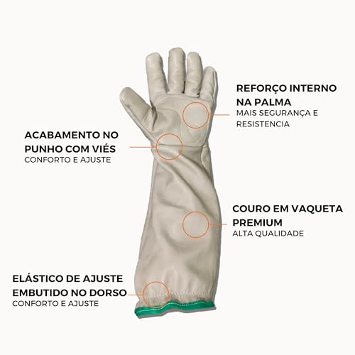 Luva de Segurança Vaqueta Cano Longo C/Elástico Apicultura Abelha Epi