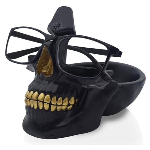 VIPbuy Portaocchiali Teschio, Portaocchiali Novità con Vassoio per Comodino, Statua Testa Teschio in Resina Scultura Casa Ufficio Scrivania Decor Regalo (Nero)