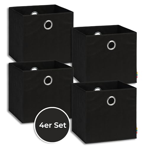 Storanda | 4er Set Aufbewahrungsbox 33x33x33 cm | Extra Große Griffe | Stabil & Faltbar | Regalbox für Würfelregal Kallax | Ideal für Zuhause & Kinderzimmer | Schwarz