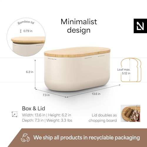 Image of LARS NYSOM Bread Box I Metal bread box for long lasting freshness with non-slip pads I Baked goods Bin with bamboo lid usable as cutting board I 13.6x7.3x6.2in (Cream Beige)