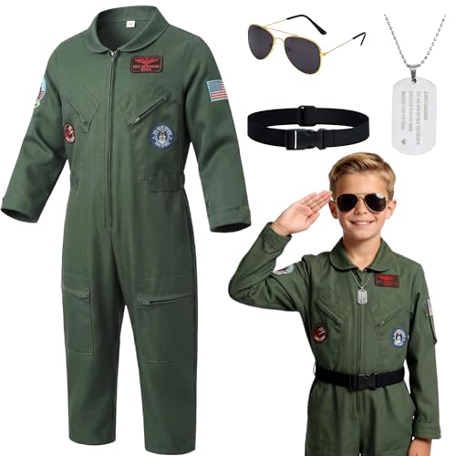 DINIZIMO 4 Pcs Fighter Pilot Costume for Kids Air Force Flight Suit Cosplay Halloween with Accessories Set (Medium(6-8 Yrs))