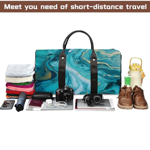 Abstract Teal And Blue Marble Print Travel Duffel Bag Sports Tote Gym Bag Waterproof Tear-Resistant Carry On Overnight Bag Foldable Weekender Bag for Gym Travel Getaway Beach Sports4