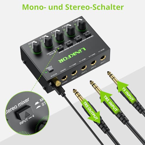 LiNKFOR 4 Kanal Mini Stereo Audio Mixer Ultrakompakter Audiomixer Unabhängige Lautstärkeregelung für Mischungen, DC 5V Type-C Mini-Audiomischer mit Netzteil Audiokabel - Ultra Niedrig Noise