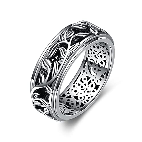 Yafeini Sterling Silver Anxiety Ring - Filigree Leaves/Heartbeat Spinner Band - Stress Relieving Band - Women's Birthday Jewelry Gift