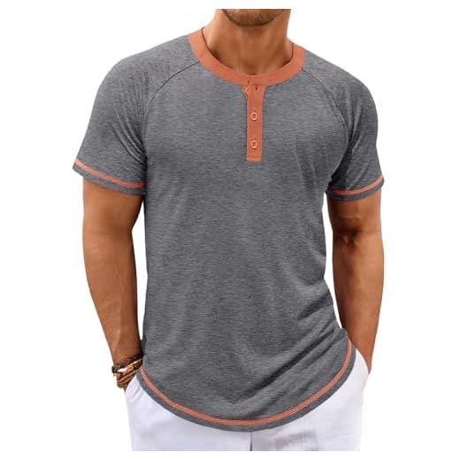 Makkrom Camiseta masculina Henley manga curta casual verão básica botão vintage leve, Cinza claro, M