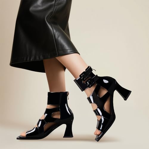 Women's Chunky Heel Sandals Ankle Strap Hollow Out Open Toe Back Zipper Summer Bootie3