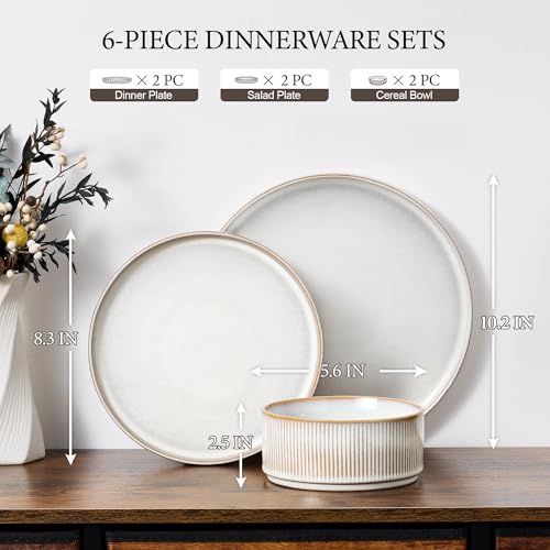 Image of E-far Stoneware Dinnerware Sets for 2, 6-Piece Plates and Bowls Sets, Chip & Scratch Resistant Ribbed Dish Set for Home Restaurant, Microwave & Dishwasher Safe, Creamy Beige