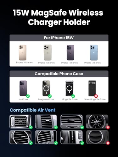 Image of UGREEN Qi2 Wireless Car Charger, 15W Fast Charging Strong Magnetic Car Phone Holder with LED Light for iPhone 17 /16 /15 /14 /13 /12 Series Car Accessories