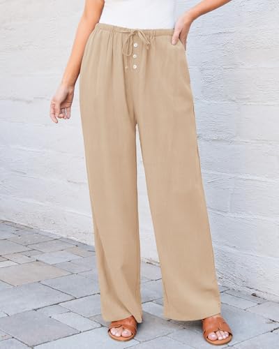 GRAPENT Linen Wide Leg Pants Woman High Waisted Pull On Button Drawstring Baggy Casual Summer Palazzo Pants with Pockets4