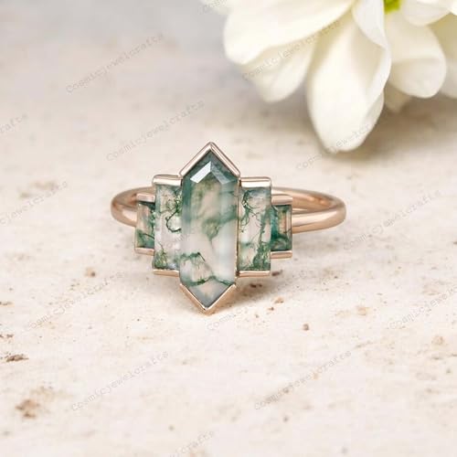 Natural Hexagon Cut Moss Agate Ring 14K Rose Gold Promise Ring April Birthstone Gift Art Deco Baguette Bridal Jewelry For Women BY COSMICJEWELCRAFTS4