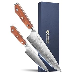 Knife Set, Damascus Knives 2pcs | VG-10 Core Sharp Blade & Ergonomic Natural Rosewood Handle | Full Tang Kitchen Knife Forged 67 Layers Damascus Stainless | Gift Box