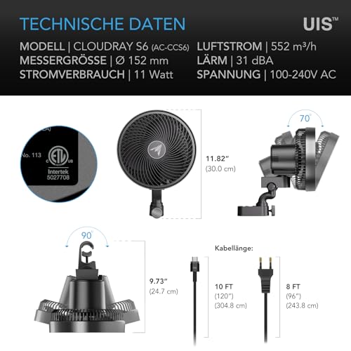 AC Infinity CLOUDRAY S6 – Clip-Ventilator 150mm für Grow Zelte mit langlebigem EC-Motor, 10 Windstufen, 10 Oszillationsstufen, IP54, für Umluft und Kühlung im Indoor Grow