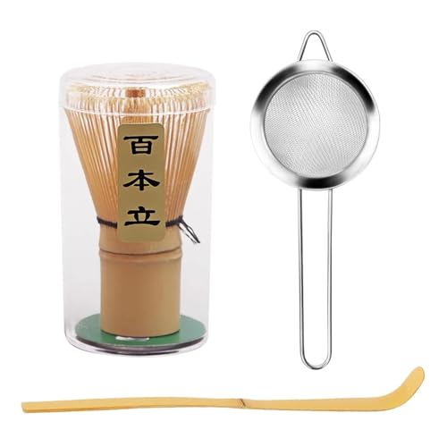 BTtime 茶せん 百本立 茶道具 3点セット 茶筌 竹製 茶杓 抹茶 粉末 泡立て器 茶道ツール 茶道用（茶筅+茶杓+抹茶粉ふるい器）の商品画像（Amazon）