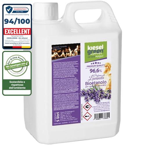 KieselGreen Bioethanolo 5 Litri con Fragranza per Caminetto a Etanolo – Bio-etanolo profumato per Ambienti, molte Fragranze - Profumo per Caminetto a bioetanolo da Interno o da Tavolo