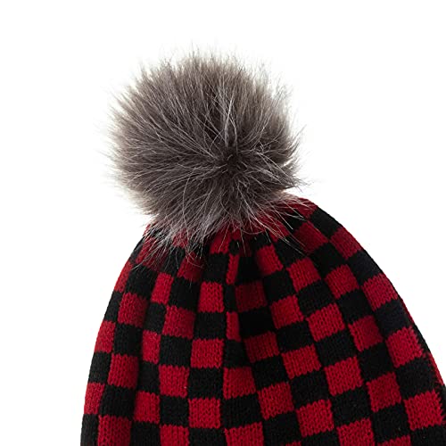 DERCLIVE Ouder-kind geruite hoed sjaal set, 2 stuks winter kerst warme gebreide pom hoed sjaal set voor mannen vrouwen - Afbeelding 6