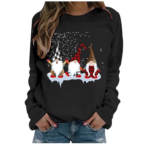 Christmas Sweatshirt for Women UK Funny Gnomes Graphic Printed Jumper Long Sleeve Crewneck Winter Warm Xmas Holiday Pullover Lightweight Loose Fleece Raglan Shirts Ladies Casual Outfit (A05-Black, S)