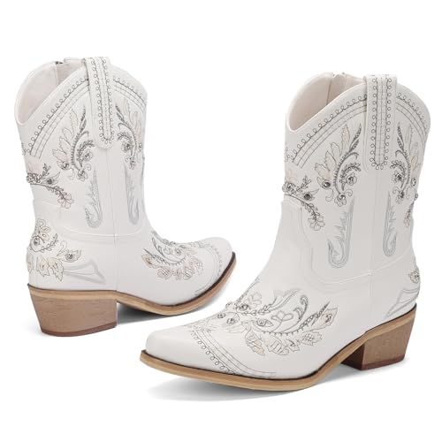 Image of Rhinestone Ankle Cowboy Boots for Women Embroidered Short Cowgirl Boots with Low Heel Side Zipper Comfortable Chunky Heel Western Booties for Prom Party Wedding Pull On Shoes