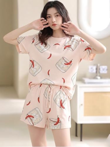 Image of Korean Night Dress |Shorts Set |Round Neck Half Sleeve Nightsuit |Premium Cotton Blend Stylish Digital Printed Pajama Co-ords |Matching 2 Piece Sleepwear Nightwear Cute Pjs |Casual Lounge Sets