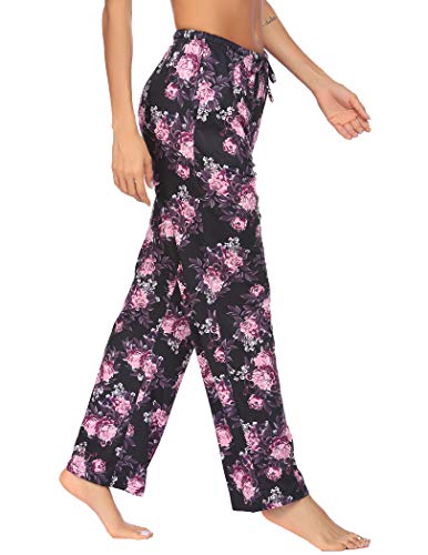 Image of Ekouaer Women Pajama Pants Comfy Pj Bottom with Pockets Stretch Plaid Sleepwear Black Flower XX-Large