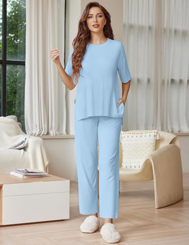 Image of Ekouaer Lounge Sets for Women Short Sleeve Tops and Long Pants Soft Comfy Pajamas Set 2 Piece Outfits