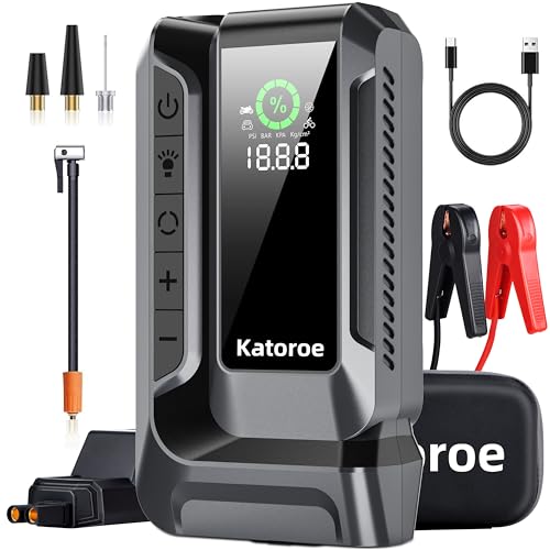Katoroe Banco de arrancador de Coche con compresor de Aire, 150PSI Arrancador de baterias de Coche Arranque para Motor de Gasolina de 10.0L y Motor Diesel de 8.0L, Ayuda de Arranque con Linterna LED