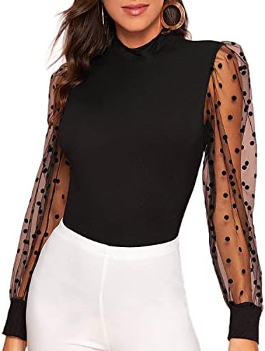 Verdusa Women's Polka Dots Sheer Mesh Long Sleeve Mock Neck Blouse (Small, Black)