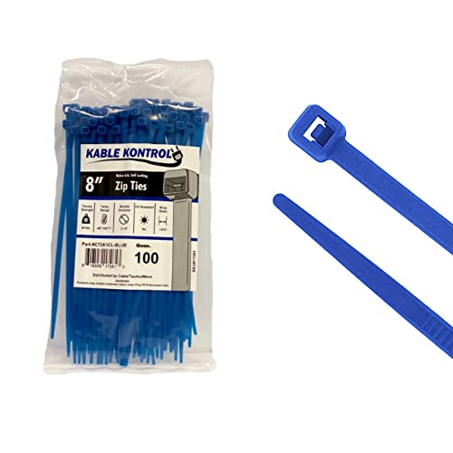 Kable Kontrol Blue Zip Ties 8 Inch 100 Pcs, 50 Lbs Tensile Strength, Self-Locking Nylon Colored Cable Ties Wire Wraps For Indoor Or Outdoor Use #TOP16