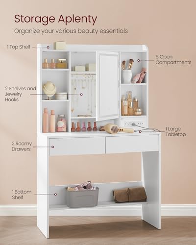 Image of VASAGLE 35.4-Inch Vanity Desk with Mirror and Lights, 2 Drawers