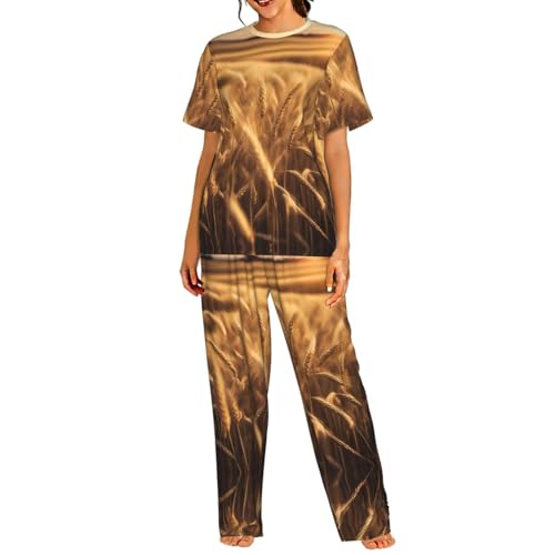 Pyjama 2 pièces femme ensemble avec haut manches courtes et pantalon imprimé champ de blé