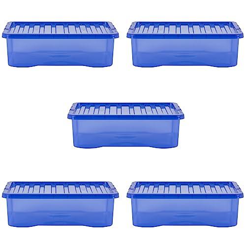 Wham Crystal 5 x 32L Stackable Plastic Storage Boxes with Lids | Ideal for Home, Office, Toys & More | Medium Boxes | Made in UK - Spectrum Blue