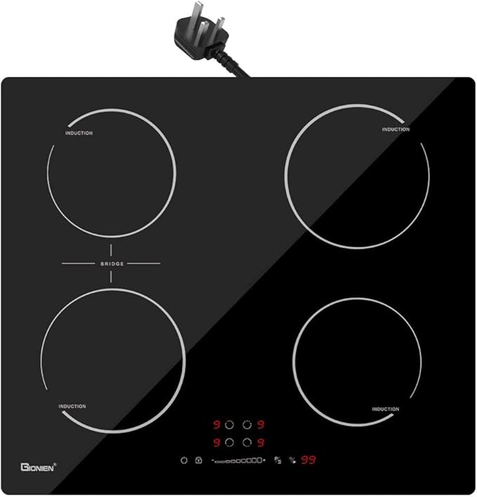 GIONIEN Plug-in Induction Hob 13 Amp 2800W Integrated Electric Cooktop with Bridge Zone, 4 Cooking Rings Cooker