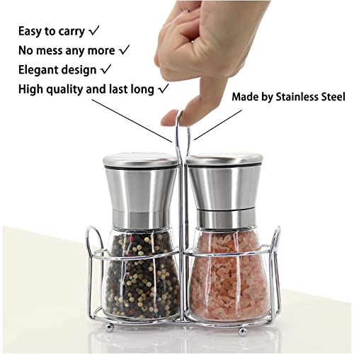 Premium Stainless Steel Salt And Pepper Grinder Set - Short Glass Shaker, Pepper Mill & Salt Mill With Adjustable Coarseness, Refillable For Himalayan Or Sea Salt, Black Peppercorn, With Bonus Stand #TOP5