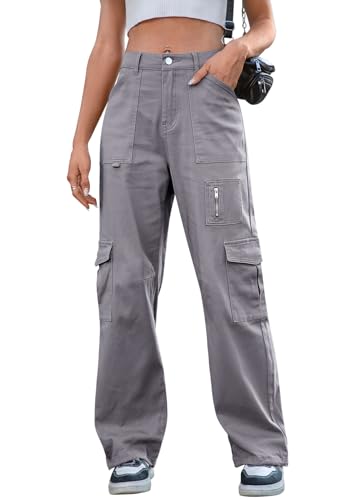 IVIR Grey Cargo Pants for Women Baggy Cargo Pants Mid Rise Drawstring Elastic Waist Outdoor Sport Hiking Pants Gray Small