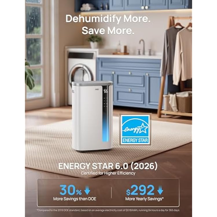 DREO 73 Pint Smart Dehumidifier for Basement, Home & Large Room up to 2000 Sq Ft, Energy Star 6.0 Dehumidifier with Drain Hose, Quiet 42dB, Auto Humidity Control, 3 Fan Speeds, Timer, Continuous Drain