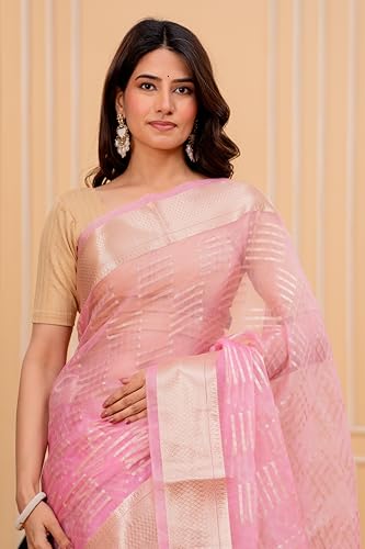 Image of Silk Saree For Women's with Golden Zari Border Blouse | Lightweight Traditional Saree for Women | Wear in Wedding Functions and Cultural Occasions | Pink