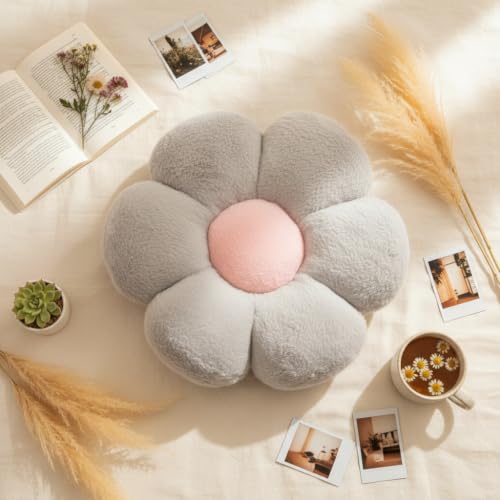 Image of AVSHUB Sunflower Shaped 6 Petal Cute Preppy Decorative Throw Pillow|Floor Cushion with Fibre Filling for Aesthetic Decoration (Grey, 50CM)
