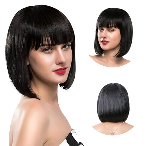 Short Black Bob Wig with Bangs Human Hair Wig Natural Short Straight Wigs Hair cube Wig Heat Resistant Synthetic Wig 100% Density Natural Sleek Wigs for Black Women Girl Christmas Cosplay Daily