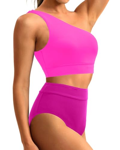 Image of Holipick Women One Shoulder High Waisted Bikini Sets Two Piece Swimsuit Tummy Control Bathing Suit Full Coverage Swimwear