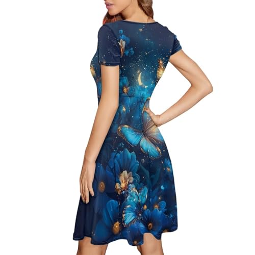 Image of HUGS IDEA Womens Puffy Swing Midi Dress Round Neck Short Sleeve Party A-Line Dresses