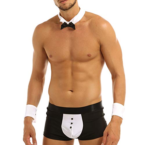 YiZYiF Men s 4 Pieces Sexy Bow Tie Collar Boxer Briefs Tuxedo Costume Outfits Set Black&White Large