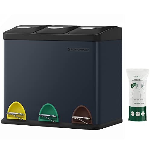 SONGMICS Afvalemmer voor de keuken, vuilnisemmer 3 x 8 l, met deksel, drievoudige afvalemmer van staal voor kleine gezinnen, pedalen en emmers, gemakkelijk te reinigen