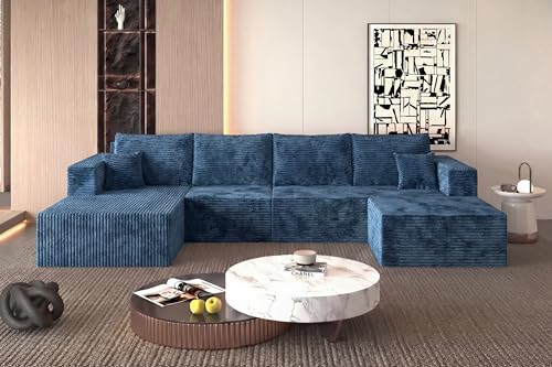 Image of 138 inch Modern Modular Sectional Sofa, U-Shaped Cloud Couch, Soft Corduroy Boneless Couch with 3060 High Rebound Memory Foam, Sectional Couches for Living Room-Blue(Left Facing Chaise)