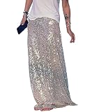 Women Sequin Midi Long Skirt Y2k Glitter Loose Pencil Maxi Skirt Sequins Low Waist Evening Party Sparkly Skirt(Maxi Silver,Medium)