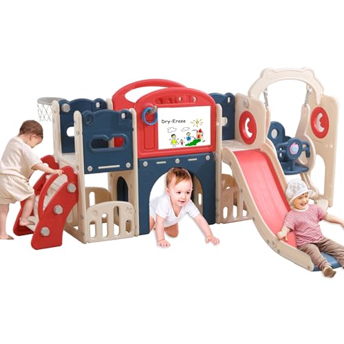 Bebikim 12 in 1 Toddler Outdoor Playset Toys with Swing Toddlers Indoor Playground for 1-3 Years Durable Ecofriendly Swing and Kids Slide Set Climber Tunnel Crawl Toys for Backyards