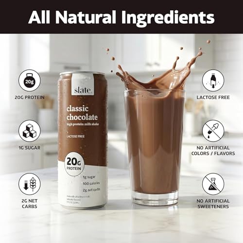 Image of Slate Milk - High Protein Milk Shake - Chocolate Variety Pack - Chocolate, Dark Chocolate, Mocha Latte - Lactose Free, 20g Protein, 1g Sugar, 100-110 Calories, 1-3g Net Carbs - 11 fl oz, 48 Cans