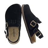 CUSHIONAIRE Brooklyn Suede Womens Slides– Comfortable Clog Mules with Adjustable Buckles – Summer Shoes for Women,BLACK 8
