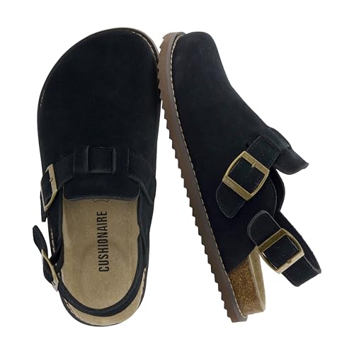 CUSHIONAIRE Brooklyn Suede Womens Slides– Comfortable Clog Mules with Adjustable Buckles – Summer Shoes for Women,BLACK 8.5