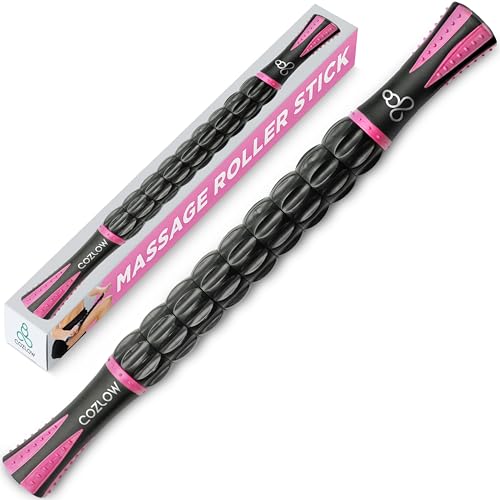 Muscle Roller Stick - Fuchsia - Body Massage Tool w/ 9 Rollers & Non-Slip Handles for Deep Tissue Massage & Maximum Muscle Recovery - by Cozlow