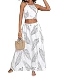 BEAUDRM Women's 2 Piece Outfits Tropical Print Beach Outfits Tie Cami Crop Top and Split Maxi Skirt Sets Vacation Resort Wear Multicolor Large
